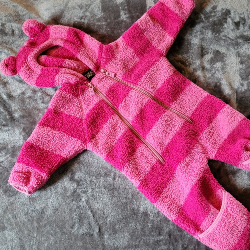 L.L.Bean Bunting Infant 0-3M Pink Excellent Bear Ear Hooded Sherpa Stripe C868